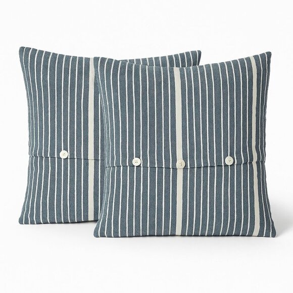 West Elm Other - West Elm Silk Blend Striped Pillow Covers Button Front Set of 2 19x19 Navy
